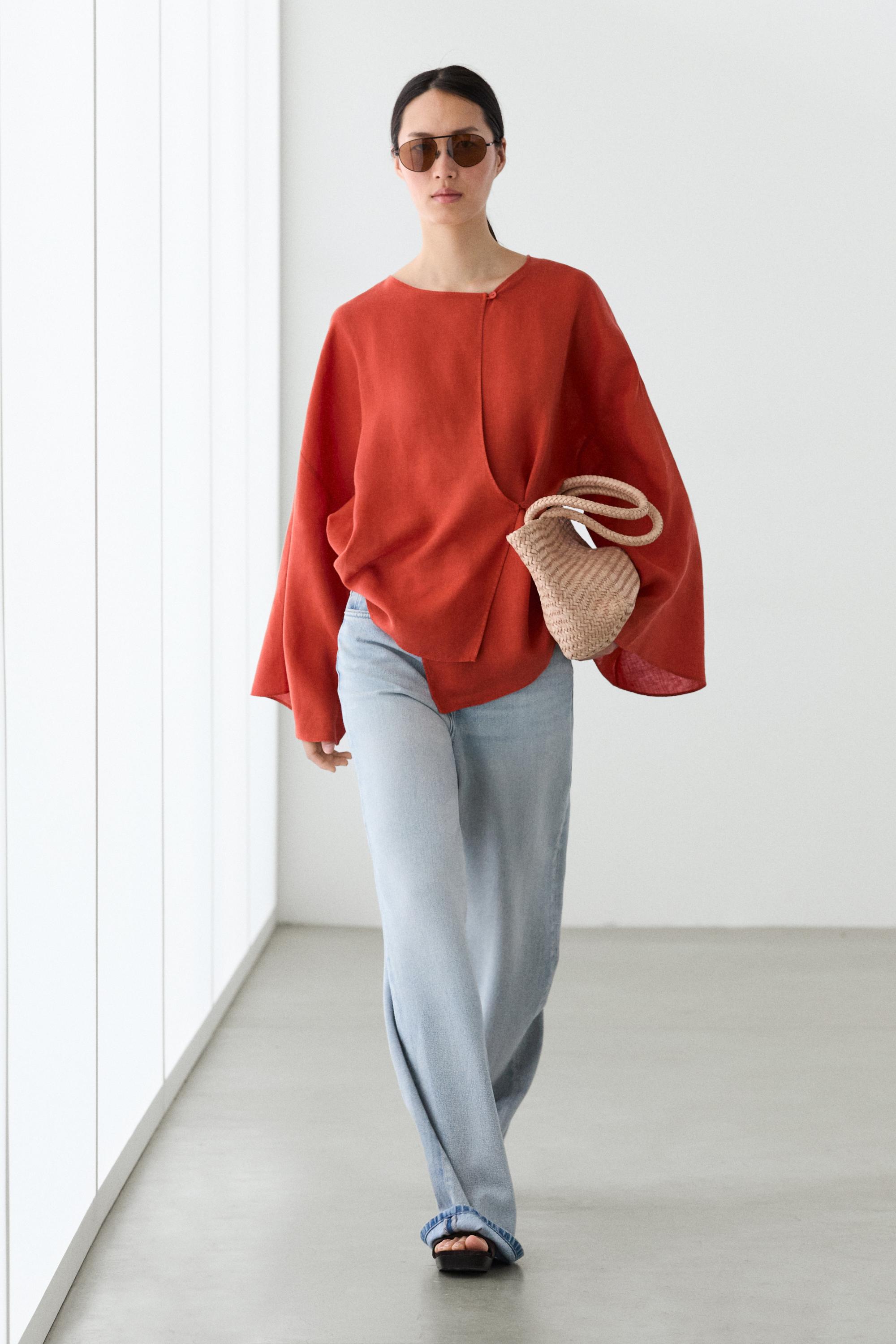 Flowing 100% linen surplice blouse